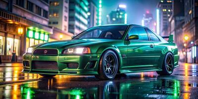 a green car driving down a wet street at night photo