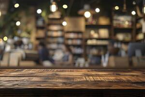 Empty wooden table for present product on coffee shop blur background. photo