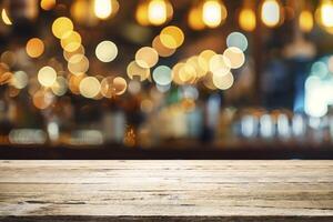 Empty wooden table for present product on coffee shop blur background. photo