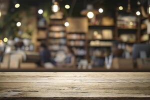 Empty wooden table for present product on coffee shop blur background. photo