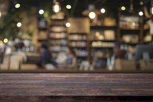 Empty wooden table for present product on coffee shop blur background. photo