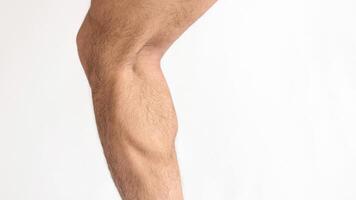 Calf with defined muscle of an adult male with a white background and space for text on the right. photo