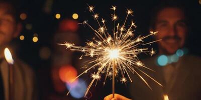People holding a lit Sparkler. The soft light illuminates them. A warm New Year's atmosphere in the dark. photo
