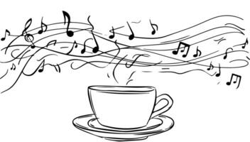 mano dibujo de un taza café con música notas un taza de café línea Arte ilustración, comida y bebida concepto vector