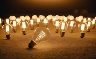 Lots of light bulbs scattered on the floor and glowing on their own. photo