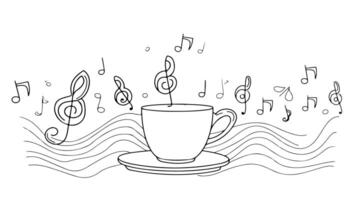 mano dibujo de un taza café con música notas un taza de café línea Arte ilustración, comida y bebida concepto vector