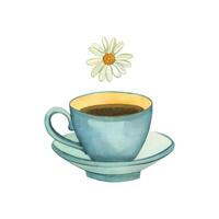 Watercolor illustration. Blue cup with tea, chamomile flower, herbal tea. All products are hand painted with watercolors. For printing on product packaging, menus vector