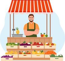 Seller of vegetables and fruits on the market. Farmer sells vegetables at stall counter. Concept of seasonal agricultural fair, harvest festival, local market. Outdoor market stall. Street fair. vector