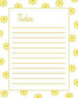 Notes blank lined page template with yellow suns summer holidays seasonal decoration, simple hand drawn illustration for bullet journal, rectangular frame printable personal diary vector