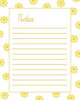 notas blanco forrado página modelo con amarillo soles verano Días festivos estacional decoración, sencillo mano dibujado ilustración para bala diario, rectangular marco imprimible personal diario vector