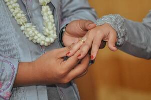 closeup of the groom's finger putting the ring on the bride photo