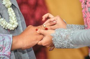 closeup of the bride's hand putting the ring on the groom's hand photo