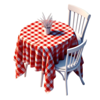 Table and chairs with a red and white checkered tablecloth isolated from background png