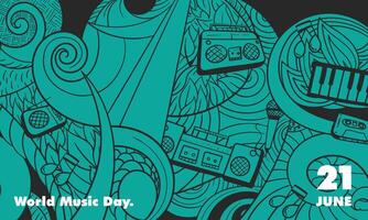 World music day background with abstract ornamental in doodle art hand drawn design. Good template for music event or cafe design vector