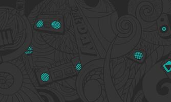 Black abstract doodle art with audio equipment design in hand drawn design with a slight green tint on some objects for world music day campaign vector