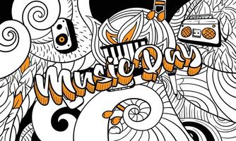 World music day typography design with doodle art abstract background design in black and white with little yellow and good for music background vector