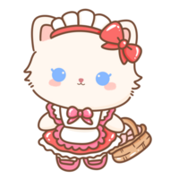 Hand drawn illustration Coquette style white kawaii cat kitty kitten wearing pink Ribbon Bow pastel color isolated on transparent background, perfect for valentines day gifts, nursery french maid png