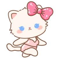 Hand drawn illustration Coquette style white kawaii cat kitty kitten wearing pink Ribbon Bow pastel color isolated on transparent background, perfect for valentines day gifts, nursery decorations png
