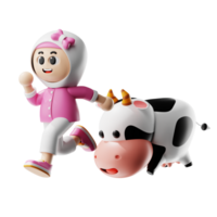 3d niña personaje perseguido por un vaca actitud png