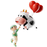 3d Character Boy Caughting A Flying Cow Pose png