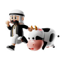 3d personagem perseguido de uma vaca pose png