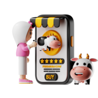 3d Girl Character Buying Cow Online Pose png