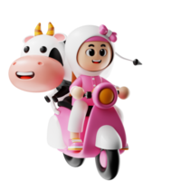 3d menina personagem equitação uma moto com uma vaca pose png