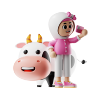 3d niña personaje selfie con un vaca actitud png