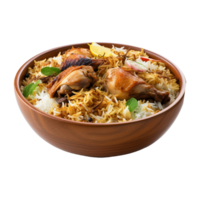A bowl of chicken biryani isolated on transparent background png
