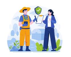 A Male Farmer Signs an Insurance Policy Paper Document Offered by a Female Agent. Farmer Insurance Concept Illustration vector