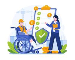 Worker Insurance Concept Illustration. An Injured Worker in a Wheelchair Gets an Insurance Coverage Explanation From a Female Insurance Agent vector