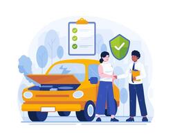 Car Insurance Concept Illustration. A Girl With Her Damaged Car Agrees to Get Insurance Coverage From a Male Agent vector