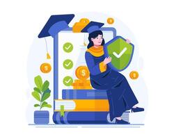 A Happy Female Student Gets Education Insurance Coverage. A College Girl Sits on a Pile of Books While Holding a Shield With Check Mark. Education Insurance Illustration vector