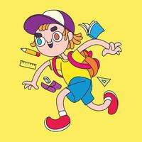 illustration of happy child going back to school, with pencil, book, eraser and pencil case. vector