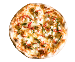 oben Aussicht von Margherita Pizza auf transparent Hintergrund. neapolitanisch Pizza mit Gewürze, Tomaten und Mozzarella Käse. Pizza mit Mozzarella Käse, Tomate Soße, Spinat auf dick Teig. png