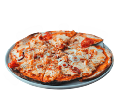 köstlich Margherita Pizza auf transparent Hintergrund. frisch hausgemacht Italienisch Margherita Pizza mit Büffel Mozzarella und Basilikum. neapolitanisch Pizza mit Gewürze, Tomaten und Mozzarella Käse. png