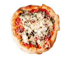 Pizza mit Käse isoliert auf transparent Hintergrund. Margherita Pizza oben Sicht. frisch hausgemacht Italienisch Margherita Pizza mit Büffel Mozzarella und Basilikum. neapolitanisch Pizza mit Gewürze, Tomaten png