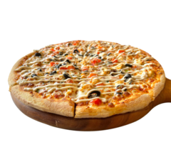 Pizza Napoletana, authentic traditional Italian pizza slices baked in a wood-fired oven on a transparent background. Margherita pizza with mozzarella cheese, tomato sauce, olive oil On a wooden png