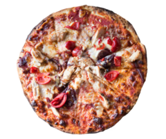 Pizza mit Käse isoliert auf transparent Hintergrund. Margherita Pizza oben Sicht. frisch hausgemacht Italienisch Margherita Pizza mit Büffel Mozzarella und Basilikum. neapolitanisch Pizza mit Gewürze, Tomaten png