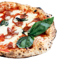 köstlich Margherita Pizza auf transparent Hintergrund. frisch hausgemacht Italienisch Margherita Pizza mit Büffel Mozzarella und Basilikum. neapolitanisch Pizza mit Gewürze, Tomaten und Mozzarella Käse. png