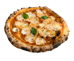 köstlich Margherita Pizza auf transparent Hintergrund. frisch hausgemacht Italienisch Margherita Pizza mit Büffel Mozzarella und Basilikum. neapolitanisch Pizza mit Gewürze, Tomaten und Mozzarella Käse. png