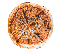 oben Aussicht von Margherita Pizza auf transparent Hintergrund. neapolitanisch Pizza mit Gewürze, Tomaten und Mozzarella Käse. Pizza mit Mozzarella Käse, Tomate Soße, Spinat auf dick Teig. png