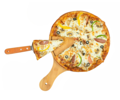 Pizza Napoletana, authentic traditional Italian pizza slices baked in a wood-fired oven on a transparent background. Margherita pizza with mozzarella cheese, tomato sauce, olive oil On a wooden png