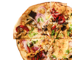 Pizza mit Käse isoliert auf transparent Hintergrund. Margherita Pizza oben Sicht. frisch hausgemacht Italienisch Margherita Pizza mit Büffel Mozzarella und Basilikum. neapolitanisch Pizza mit Gewürze, Tomaten png