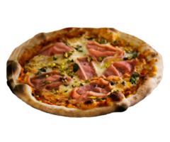 köstlich Margherita Pizza auf transparent Hintergrund. frisch hausgemacht Italienisch Margherita Pizza mit Büffel Mozzarella und Basilikum. neapolitanisch Pizza mit Gewürze, Tomaten und Mozzarella Käse. png