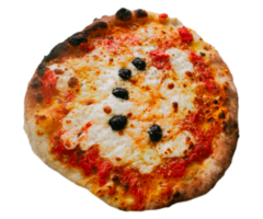 top visie van margherita pizza Aan transparant achtergrond. Napolitaans pizza met kruiden, tomaten en Mozzarella kaas. pizza met Mozzarella kaas, tomaat saus, spinazie Aan dik deeg. png
