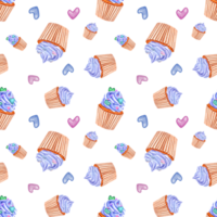 muffin dekorerad med blå vispad grädde, maräng och färgad karameller. muffins och rosa, blå hjärta formad godis. sömlös mönster. desserter i papper omslag. vattenfärg illustration png