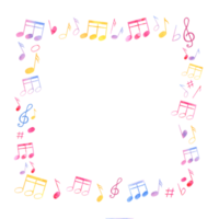 Multicolored music notes. Sound elements in various colors. Square frame with empty space for text. Audio symbols, signal, voice recording. Watercolor illustration for musical school design png