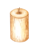 Rustic cylindrical candle with short wick watercolor illustration. Isolated from the background. The candle has a warm, natural tone and is perfect for adding a cozy touch to any design. png