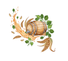 Wooden barrel with green hop leaves, ears of wheat for beer and other alcoholic drinks, watercolor illustration. Isolated from the background. Suitable for interior design, menus, product packaging. png